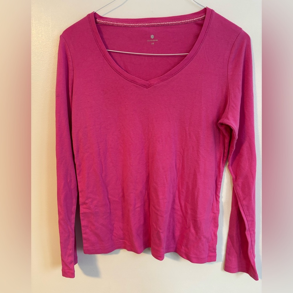 Denver Hayes Pink Long Sleeve Lightweight Stretchy V-neck T-shirt Top Size Large